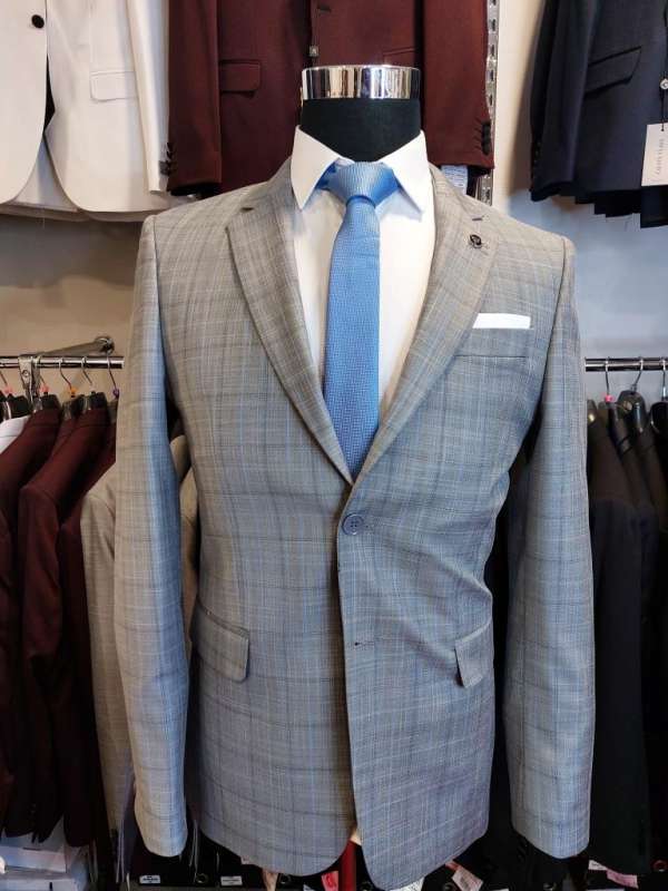 Costume gris prince de galle rayure bleu ciel