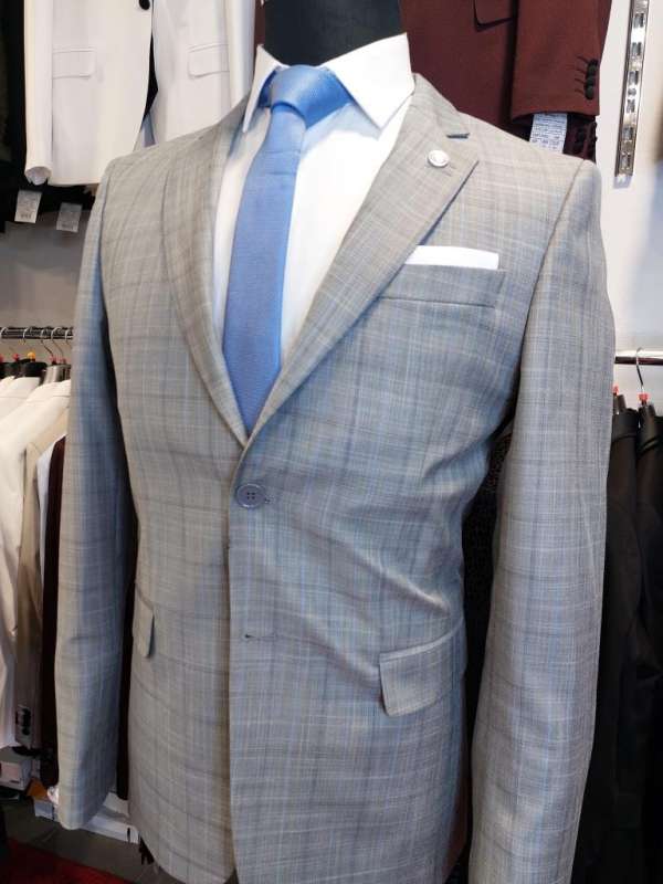Costume gris prince de galle rayure bleu ciel – Image 3