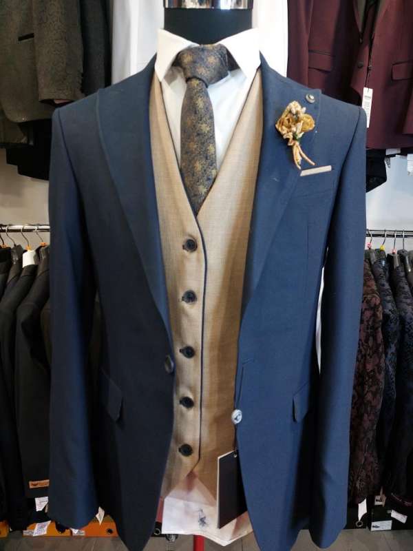 Costume 3 pièces bleu  gilet droit réversible bleu et beige – Image 2