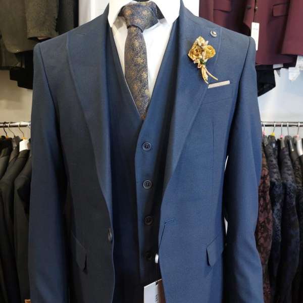 Costume 3 pièces bleu  gilet droit réversible bleu et beige