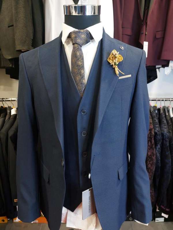Costume 3 pièces bleu  gilet droit réversible bleu et beige