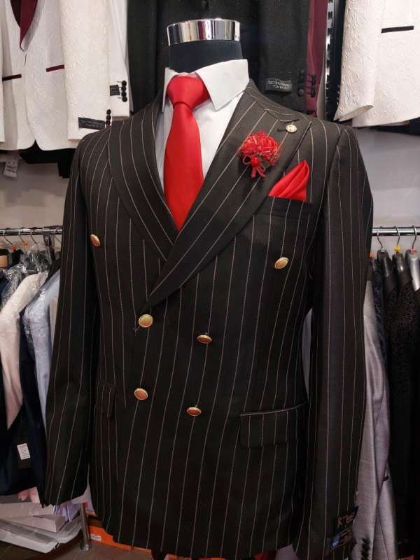 Costume croisé noir rayé blanc bouton doré – Image 4