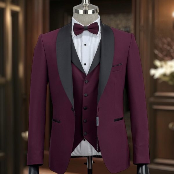 Smoking cérémonie bordeau col chal noir satin