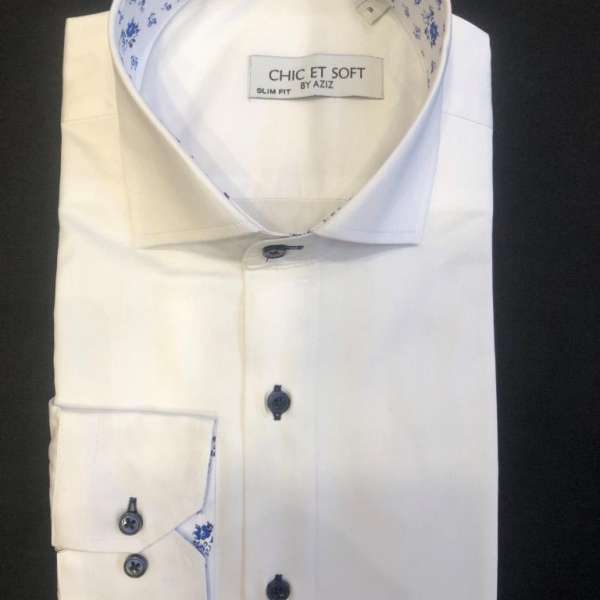 Chemise blanche doublure a motif florale bleu