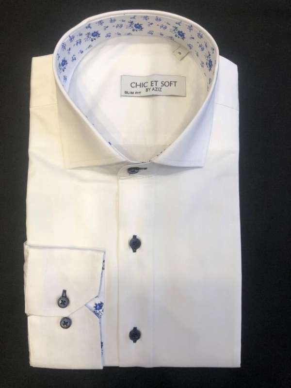 Chemise blanche doublure a motif florale bleu