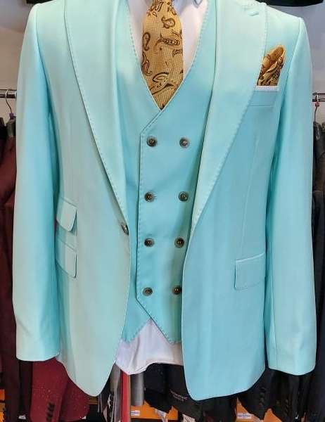 Costume 3 pièces vert clair gilet croisé