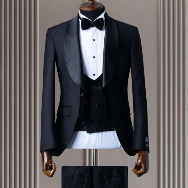 Smoking noir colle challe satin velour milano