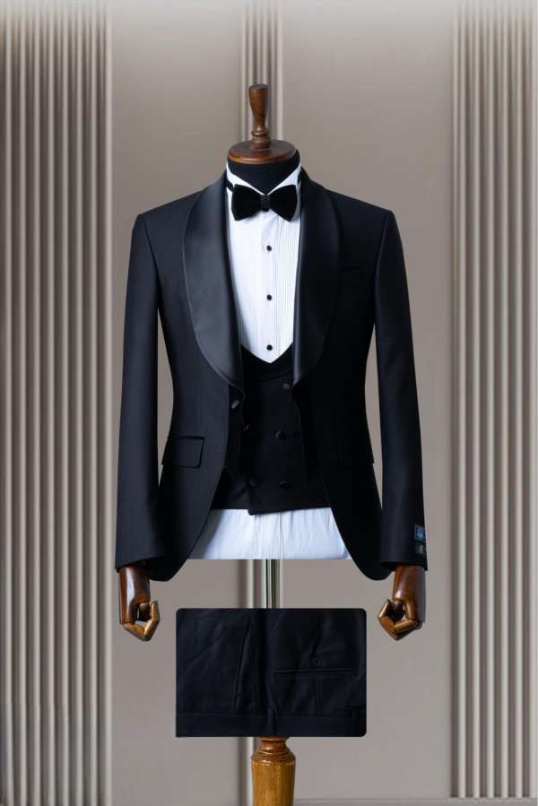 Smoking noir colle challe satin velour milano