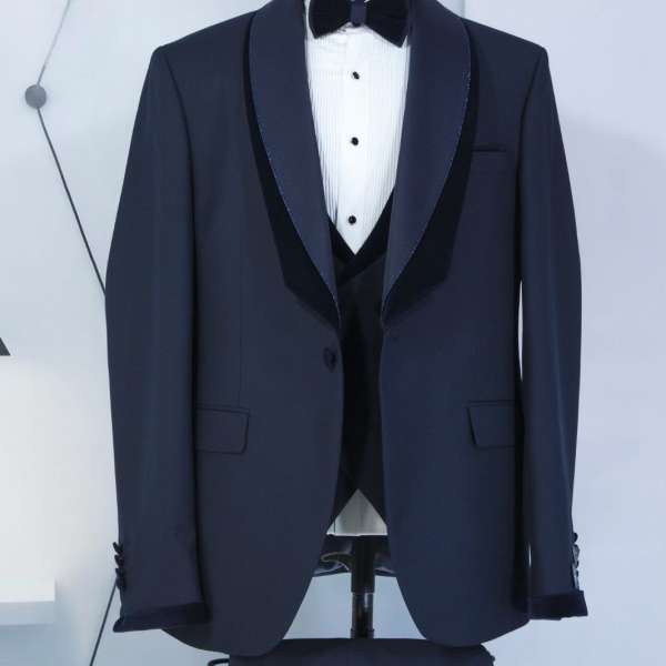 smoking 3 pièces bleu col challe satin liseré velour