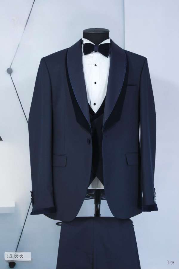 smoking 3 pièces bleu col challe satin liseré velour