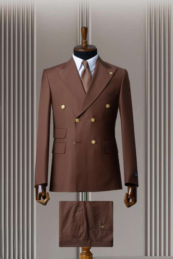 Costume  croisé marron bouton doré – Image 4