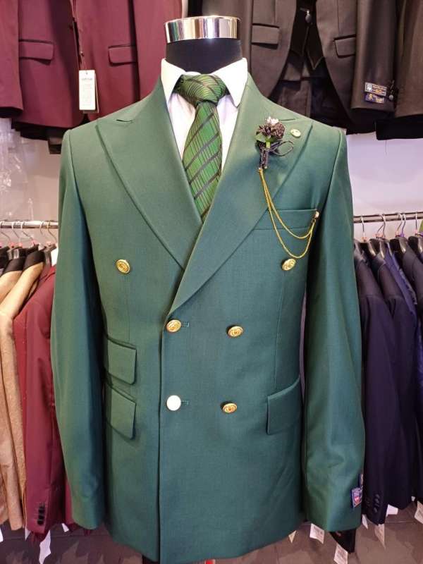 Costume croisé vert sapin bouton doré – Image 2