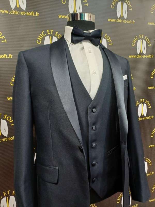 Smoking bleu col châle gilet droit – Image 3