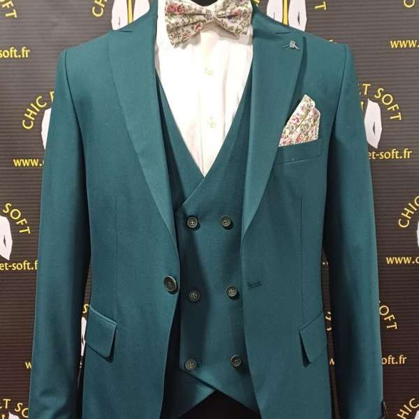 Costume 3piéces vert canard gilet croisé
