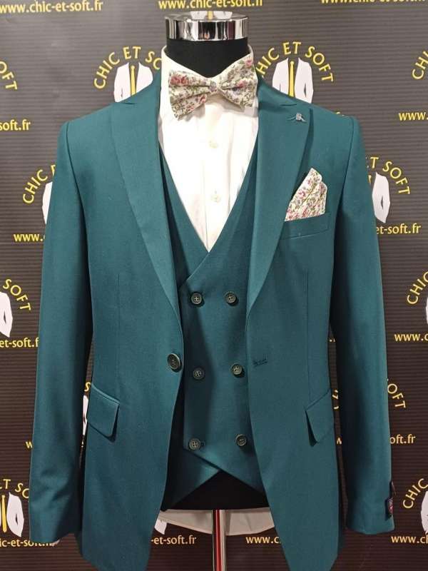 Costume 3piéces vert canard gilet croisé