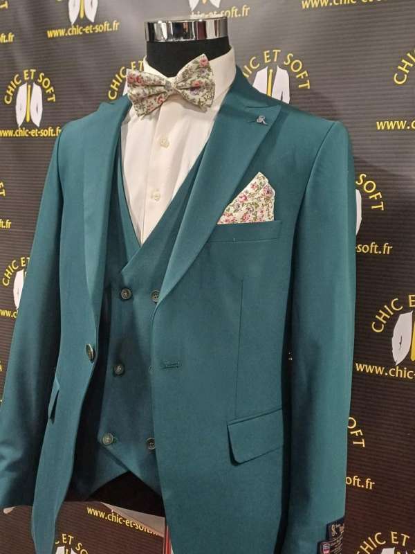 Costume 3piéces vert canard gilet croisé – Image 2