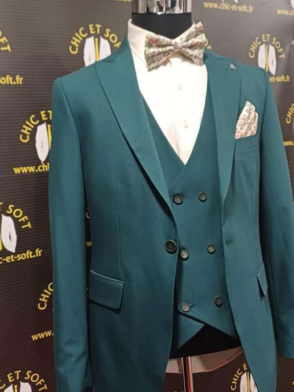 Costume 3piéces vert canard gilet croisé – Image 3