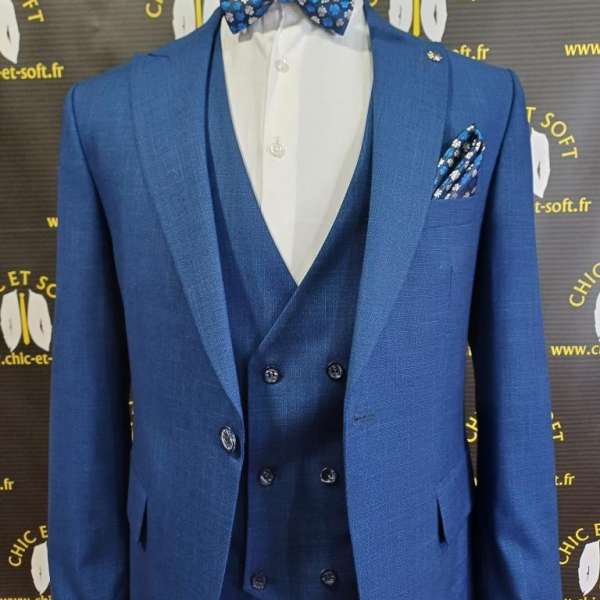 Costume bleu royal gilet croisé