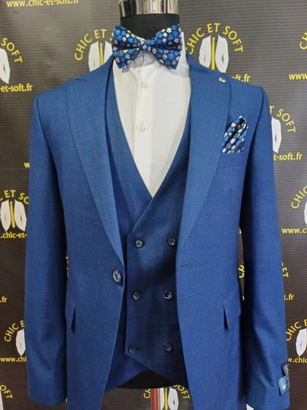 Costume bleu royal gilet croisé