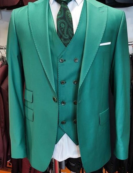 Costume 3 pièces vert  gilet croisé