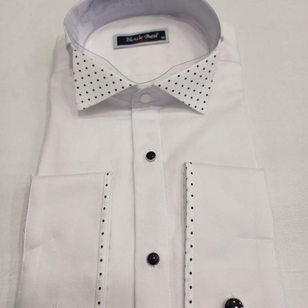 Chemise blanche col cassé col petit pois blanc noir