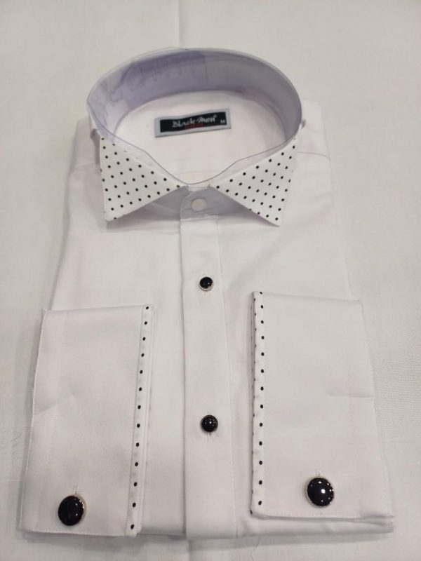 Chemise blanche col cassé col petit pois blanc noir