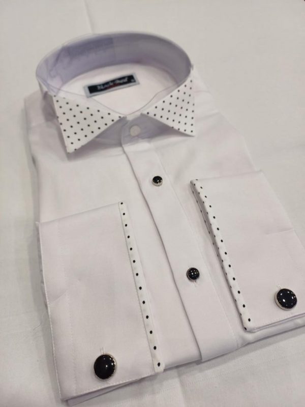 Chemise blanche col cassé col petit pois blanc noir – Image 2