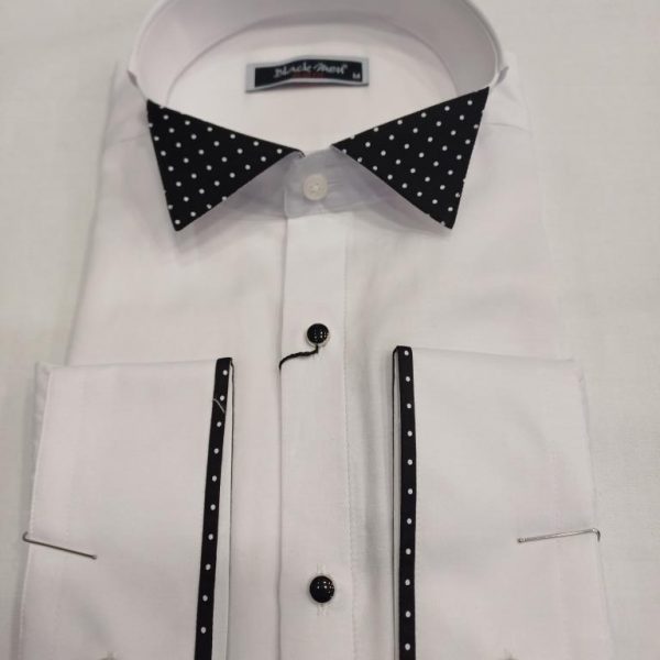 Chemise blanche col cassé col petit pois noir blanc