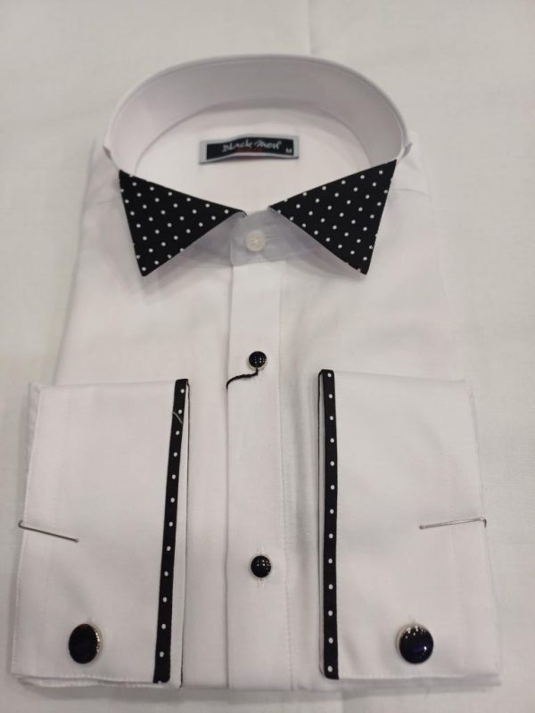 Chemise blanche col cassé col petit pois noir blanc