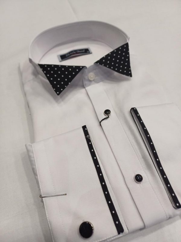 Chemise blanche col cassé col petit pois noir blanc – Image 3
