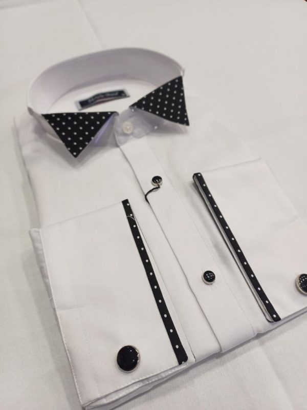 Chemise blanche col cassé col petit pois noir blanc – Image 2