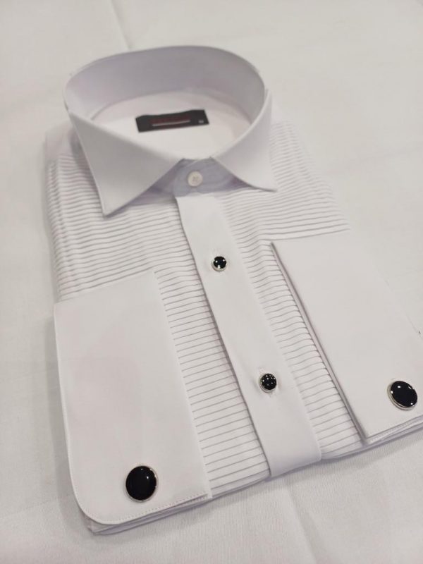 Chemise blanche col cassé plastron ligne horizontale  bouton apparent – Image 2