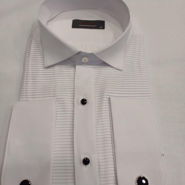Chemise blanche col cassé plastron ligne horizontale  bouton apparent