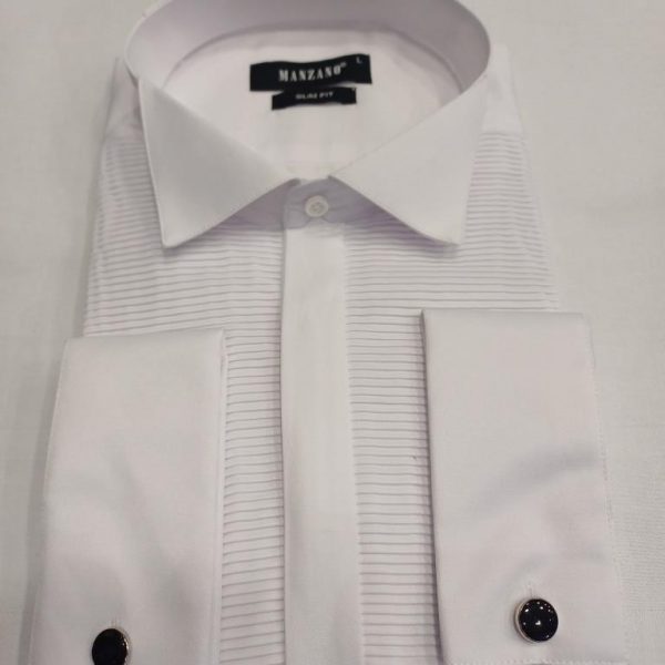 Chemise blanche col cassé plastron ligne horizontale  bouton cachée