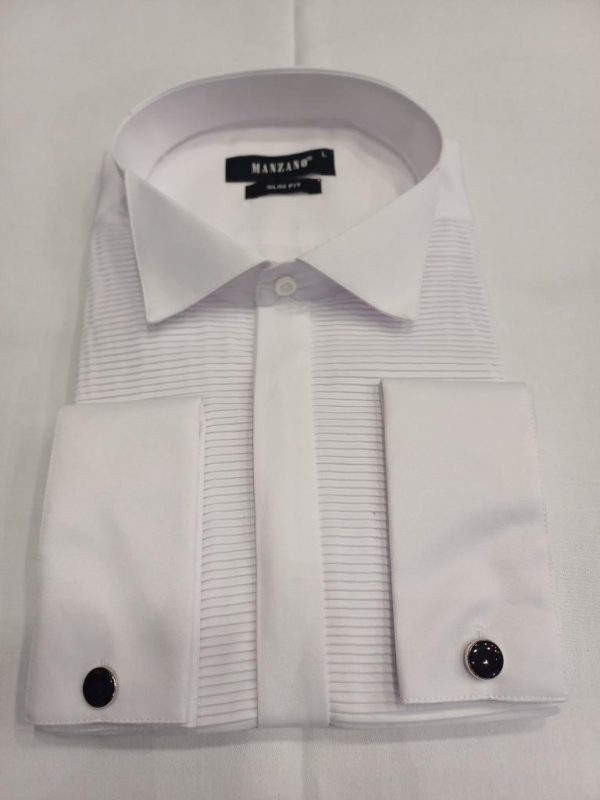 Chemise blanche col cassé plastron ligne horizontale  bouton cachée
