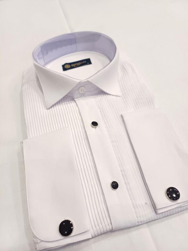 Chemise blanche col cassé plastron ligne verticale bouton apparent – Image 2