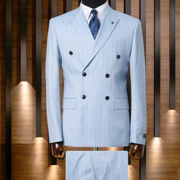 Costume croisé bleu ciel rayé borsalino