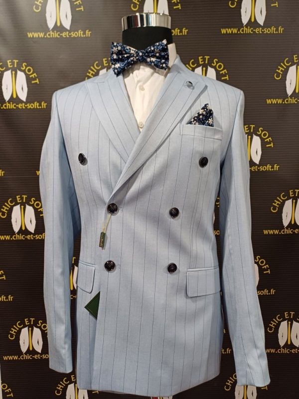 Costume croisé bleu ciel rayé borsalino