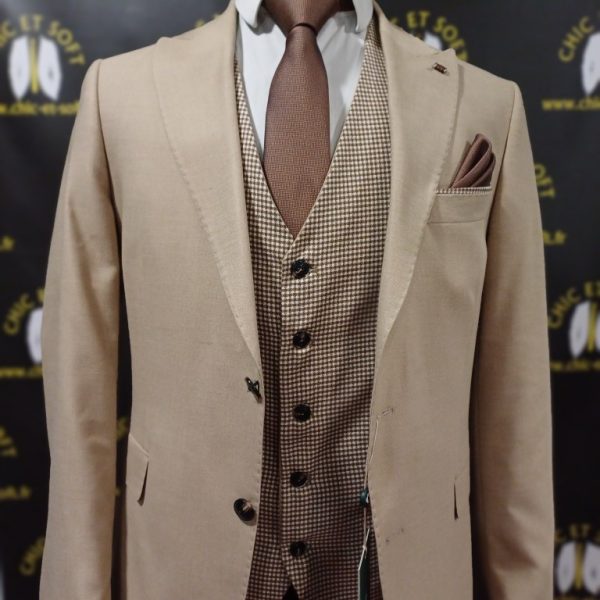 Costume 3 piéces beige gilet reversible