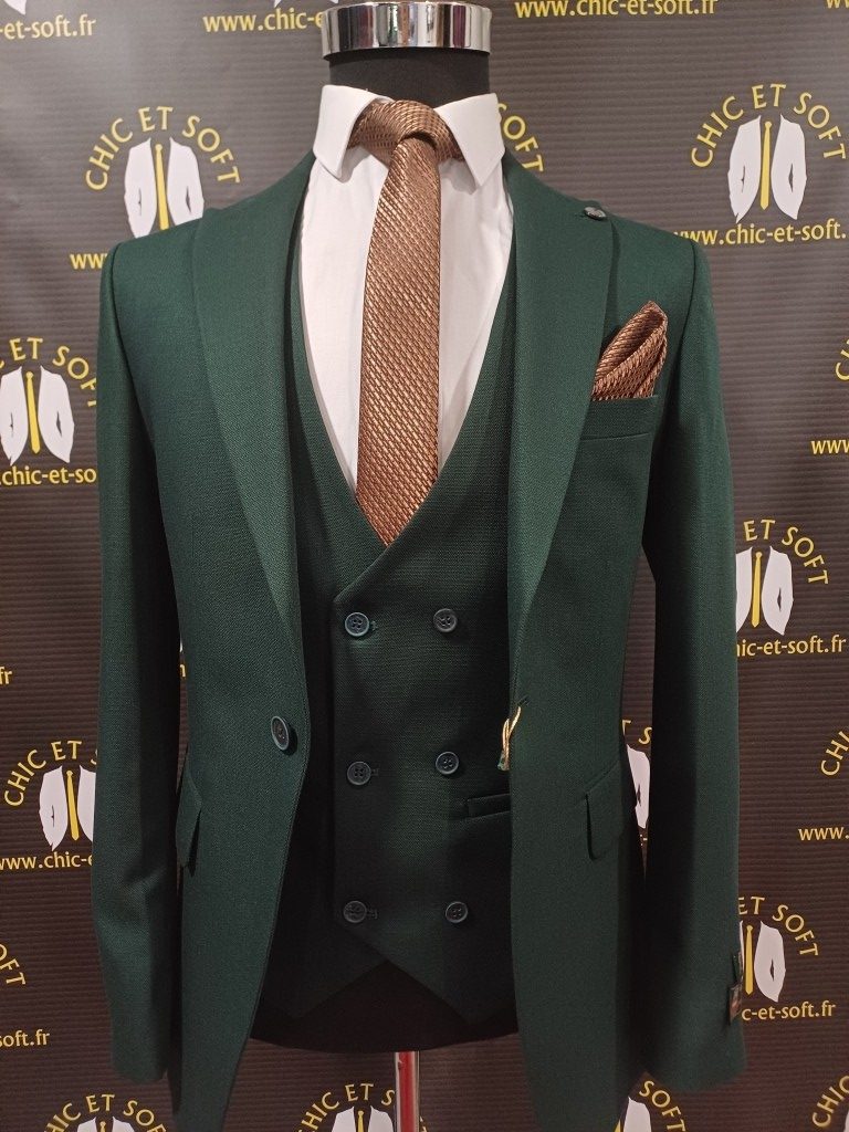Costume 3 pièces vert sapin gilet croisé