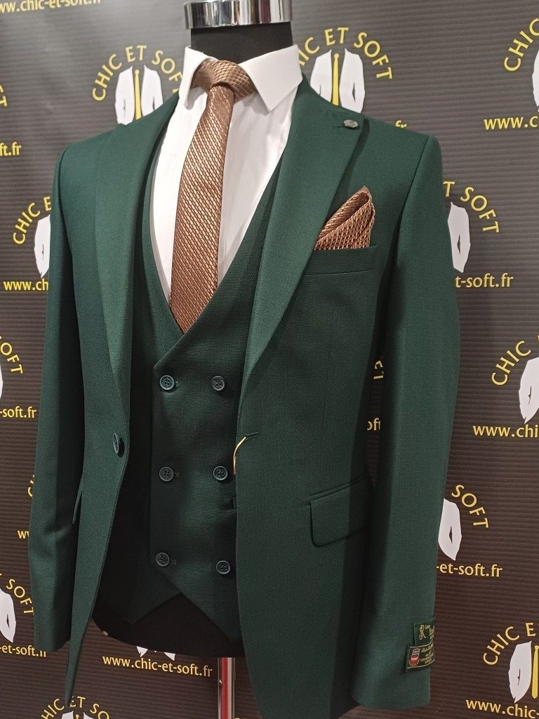 Costume 3 pièces vert sapin gilet croisé – Image 2