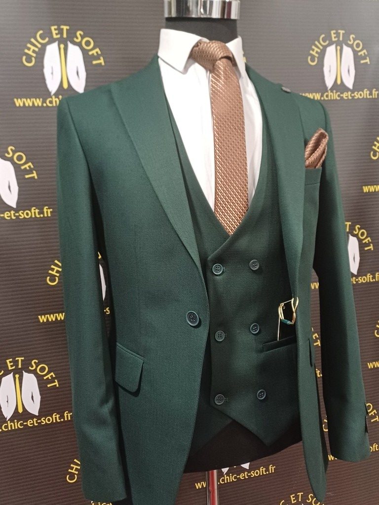 Costume 3 pièces vert sapin gilet croisé – Image 3