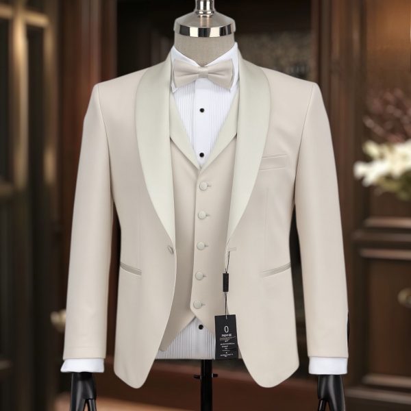 Smoking 3 pièces beige col chale satin