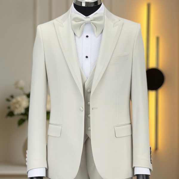 Smoking 3 pièces beige  col piqué mod 1