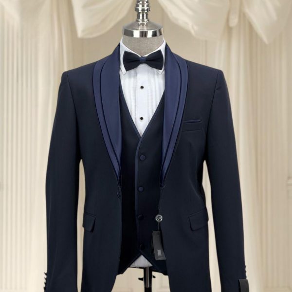 Smoking 3 pièces bleu col chale liseré velour grande taille mod 1