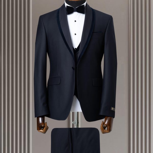 Smoking 3 pièces bleu col chale liseré velour satin mod 1