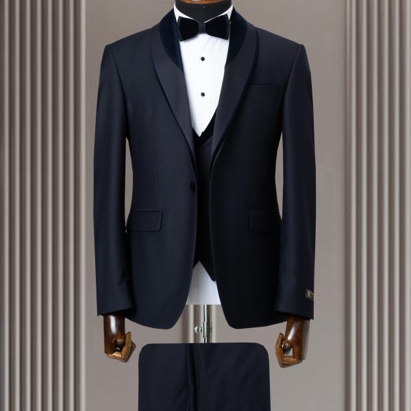 Smoking 3 pièces bleu col chale liseré velour satin mod 2