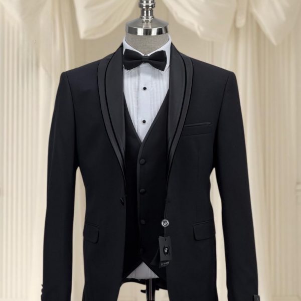 Smoking 3 pièces noir col chale liseré velour grande taille mod 1