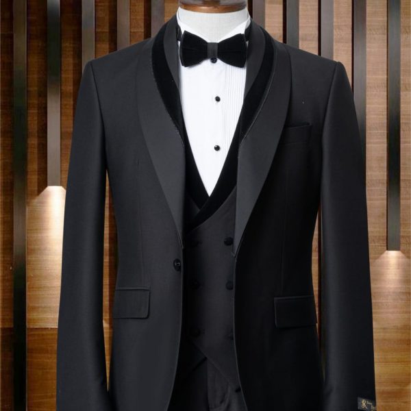 Smoking 3 pièces noir col chale liseré velour mod 1