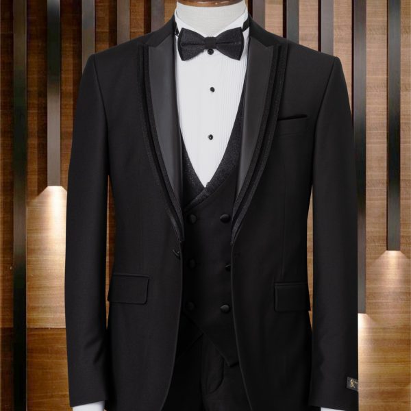 Smoking 3 pièces noir col piqué liseré velour